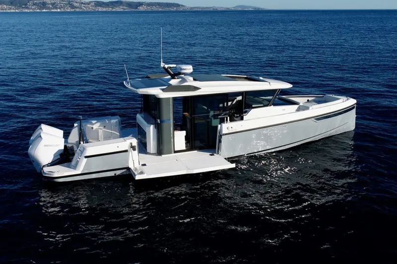 Slide: The Image of 2026 Saxdor 340 GTWA boat on calm ocean waters, showcasing sleek design and modern features. - 29