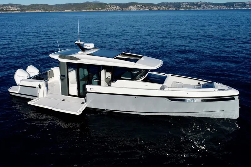 Slide: The Image of 2026 Saxdor 340 GTWA boat on open sea, sleek design, modern features. - 31