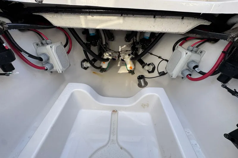 Slide: The Image of 2024 Sportsman Open 302 Center Console boat wiring and components detail. - 47