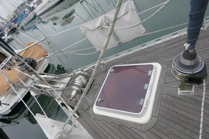 Slide: The Image of Storage compartment on 2006 Tayana 58 Deck Salon yacht with ropes and equipment. - 59