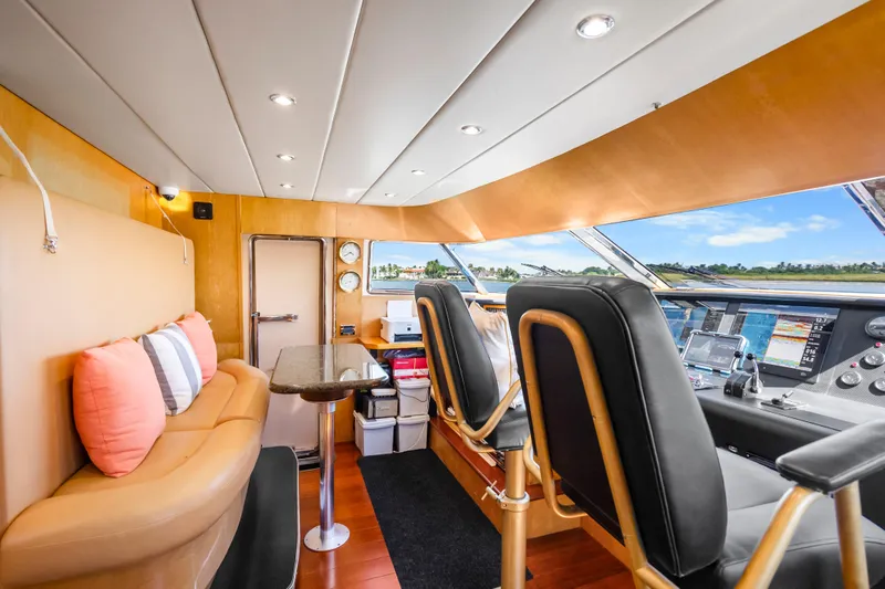 Slide: The Image of Luxurious 1991 Maiora Planning yacht interior with plush seating and modern navigation controls. - 10