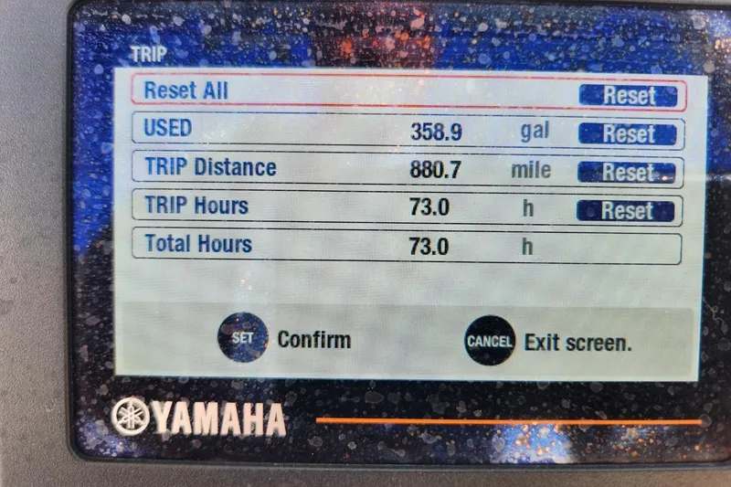 Slide: The Image of Yamaha trip display showing fuel usage and distance for 2020 Robalo 246 Cayman. - 11