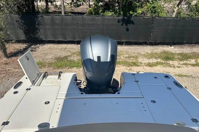 Slide: The Image of 2020 Robalo 246 Cayman boat, rear view with outboard motor, parked on grass. - 7