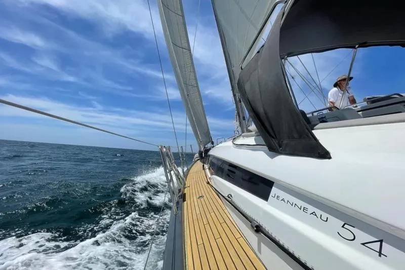 Slide: The Image of Sailboat Jeanneau 54 (2018) with cartoon rooster on blue sail. - 120