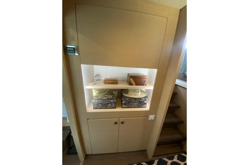 Slide: The Image of Cozy cabin interior of 2018 Fountaine Pajot Helia 44 Evolution with decorative bedding. - 13