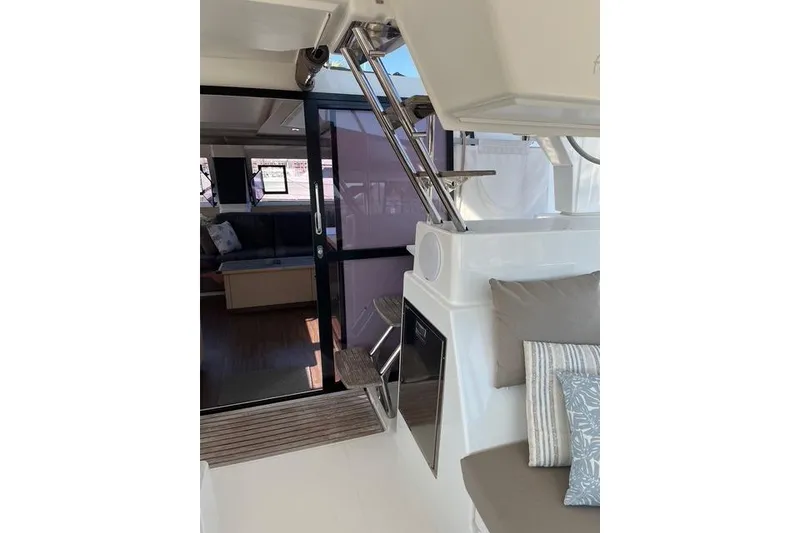 Slide: The Image of Interior view of 2018 Fountaine Pajot Helia 44 Evolution catamaran, featuring modern seating and sleek design. - 29
