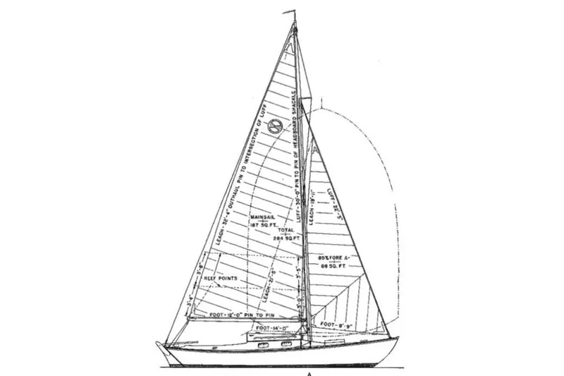 Slide: The Image of 1950 Mason Ostkust Sloop sailboat blueprint with detailed sail measurements. - 9