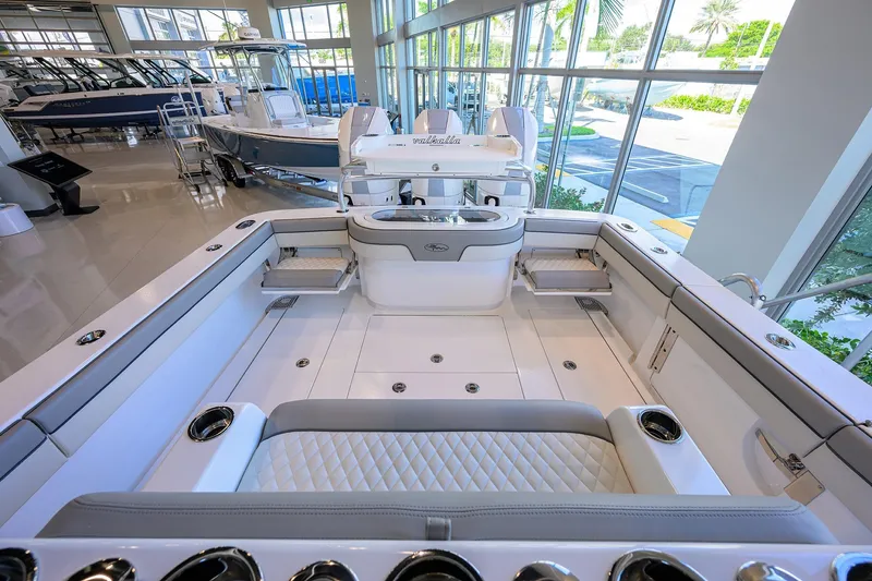 Slide: The Image of Luxurious 2025 Valhalla V-37 boat interior with sleek seating and modern design. - 21