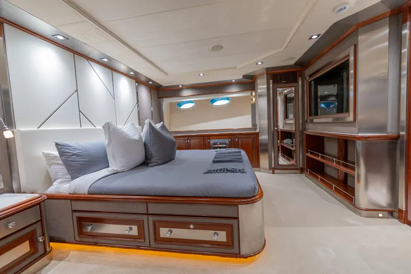 Slide: The Image of Luxurious bedroom interior of 2003 Palmer Johnson 120 yacht with modern design and elegant furnishings. - 22