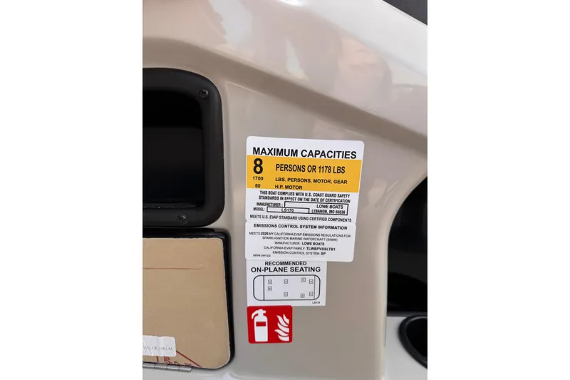Slide: The Image of Lowe LS 170 boat capacity label, 8 persons or 1178 lbs, 2026 model. - 13