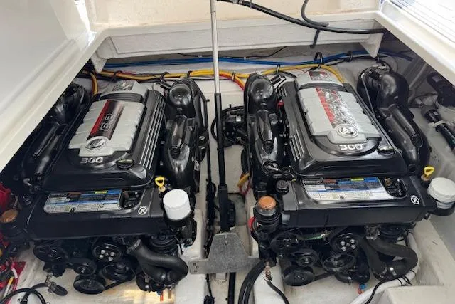 Slide: The Image of Engine compartment of a 2021 Monterey 335 Sport Yacht with dual powerful engines. - 21