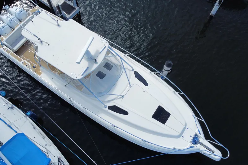 Slide: The Image of Aerial view of 2006 Intrepid 377 boat docked in marina. - 9