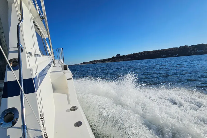 Slide: The Image of 1980 Bertram 42 Convertible cruising on open water under clear blue sky. - 12