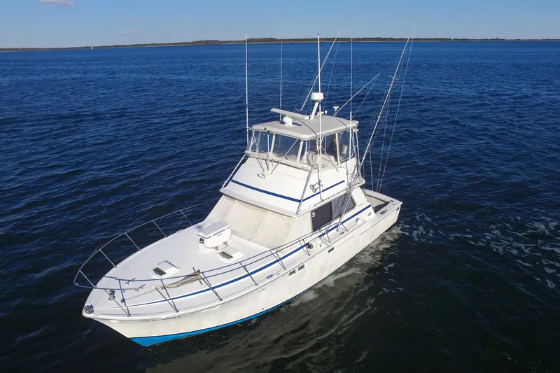 Slide: The Image of 1980 Bertram 42 Convertible boat on open water, clear blue sky. - 2