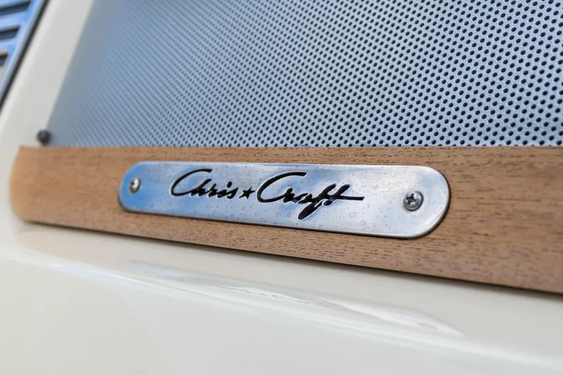 Slide: The Image of Chris-Craft Corsair 28 Heritage Edition 2017 nameplate on wooden panel. - 48