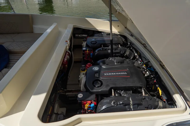 Slide: The Image of 2017 Chris-Craft Corsair 28 Heritage Edition engine compartment with Volvo Penta engines. - 83