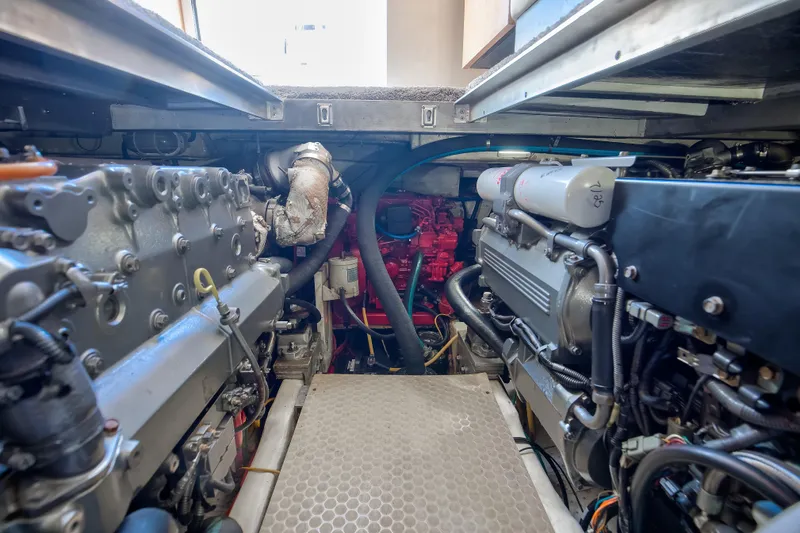 Slide: The Image of Engine room of 2007 Luhrs Tournament 360 Open boat, showcasing dual engines. - 18