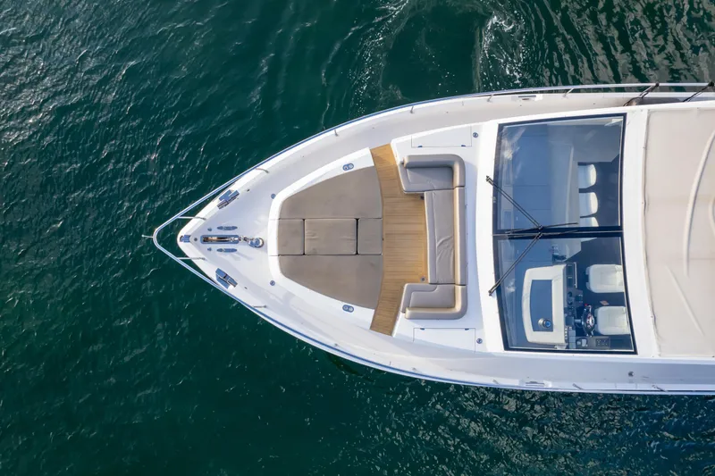 Slide: The Image of Aerial view of 2020 Pearl 80 yacht on calm water. - 13