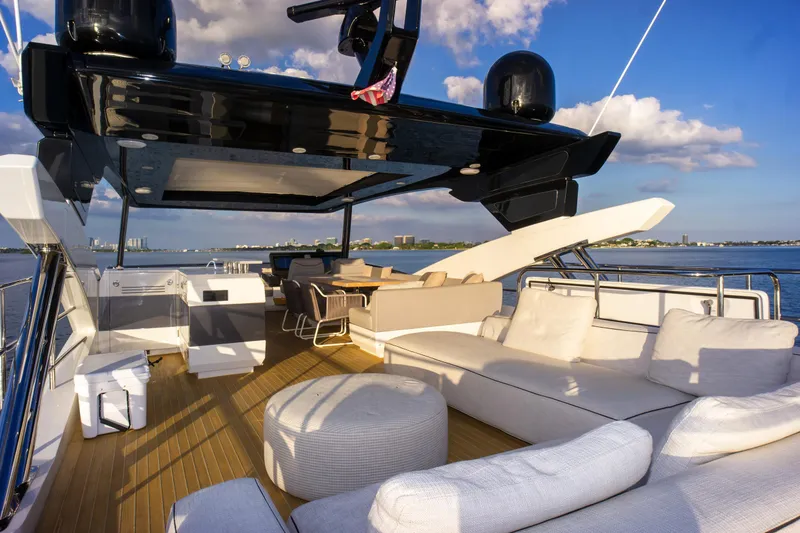 Slide: The Image of Luxurious Pearl 80 yacht deck with seating, ocean view, and modern design, 2020 model. - 48