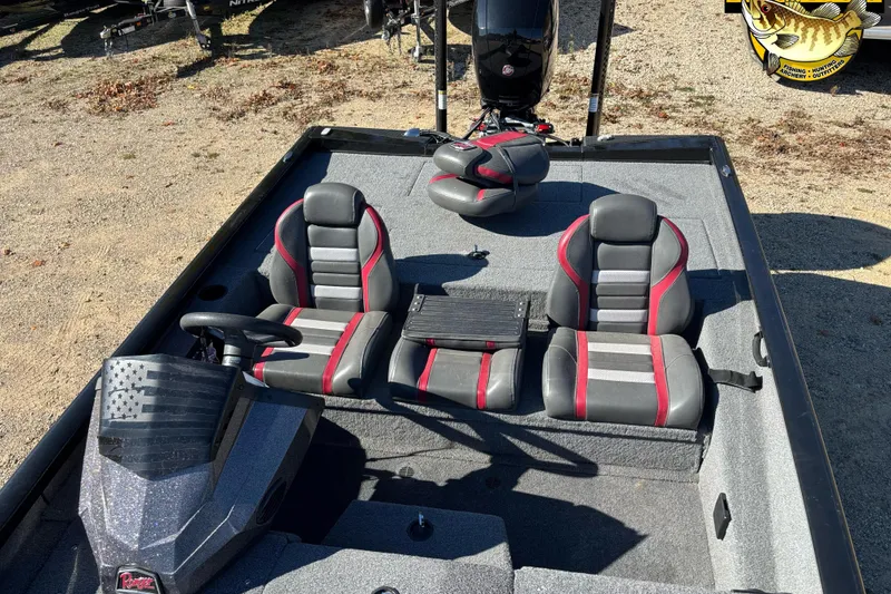 Slide: The Image of 2021 Ranger RT198P boat interior with dual seats and steering console. - 6