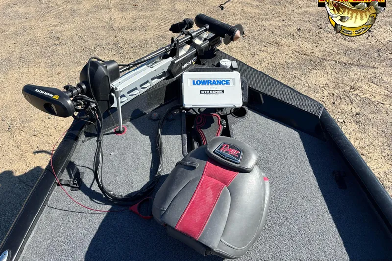 Slide: The Image of 2021 Ranger RT198P boat deck with Minn Kota motor and Lowrance fish finder. - 9