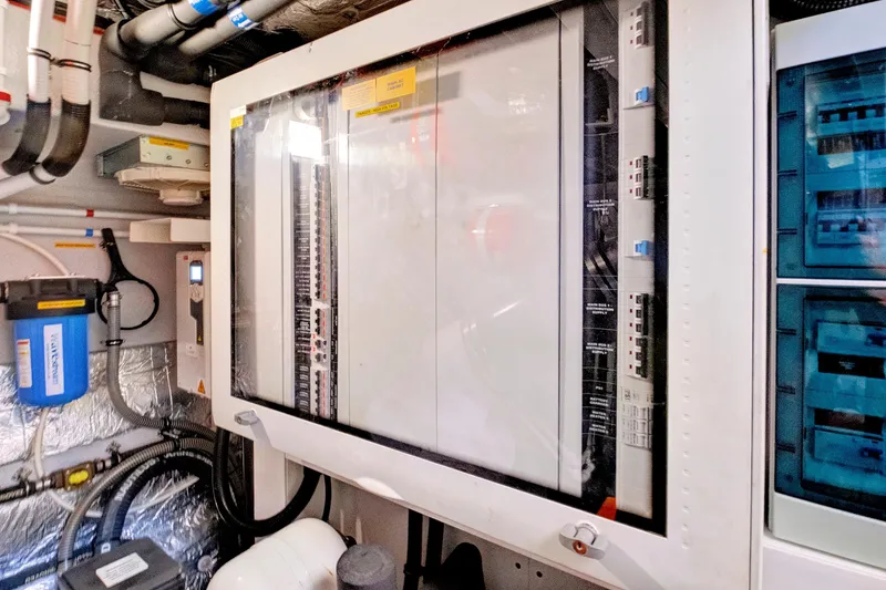 Slide: The Image of Electrical control panel in the engine room of a 2024 Sunseeker 76 Yacht. - 102