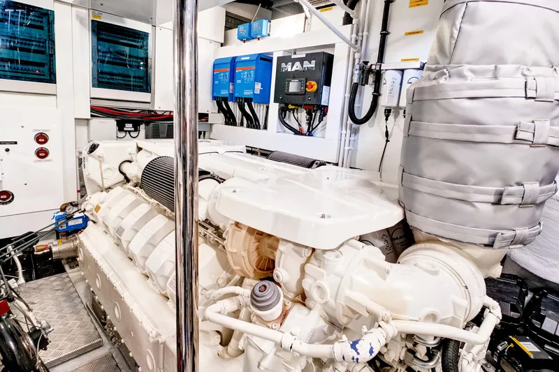 Slide: The Image of Engine room of 2024 Sunseeker 76 Yacht, featuring advanced machinery and control systems. - 108