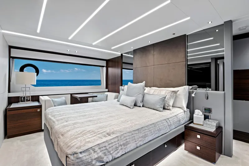 Slide: The Image of Luxurious bedroom interior of 2024 Sunseeker 76 Yacht with ocean view. - 65