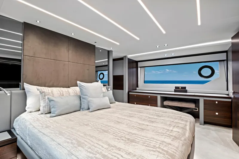 Slide: The Image of Luxurious bedroom interior of 2024 Sunseeker 76 Yacht with ocean view window. - 66