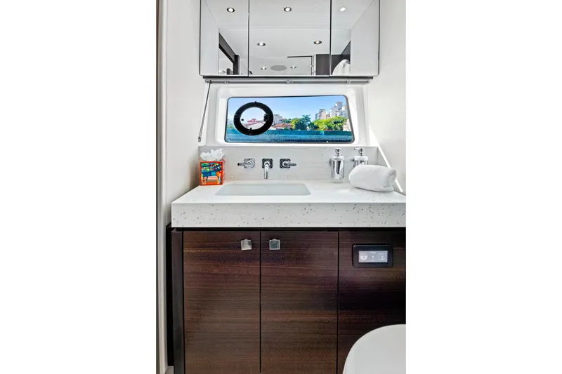 Slide: The Image of Luxurious bathroom interior of 2024 Sunseeker 76 Yacht with modern fixtures and ocean view. - 81