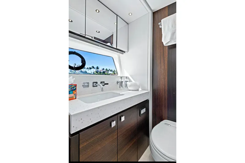 Slide: The Image of Luxurious bathroom interior of 2024 Sunseeker 76 Yacht with modern fixtures and ocean view. - 83
