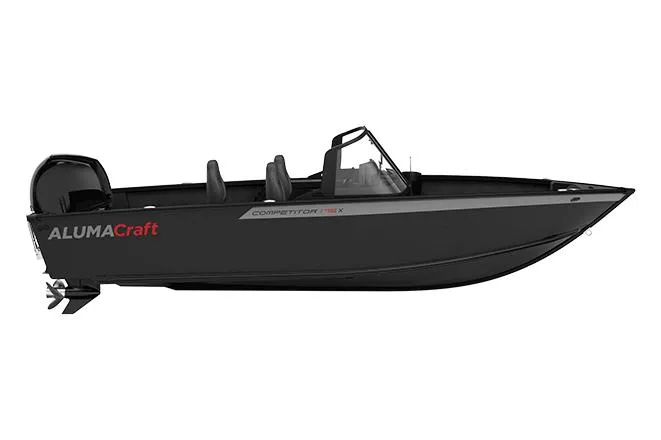 Slide: The Image of 2026 Alumacraft Competitor 185X Sport boat on display in showroom, blue exterior. - 1