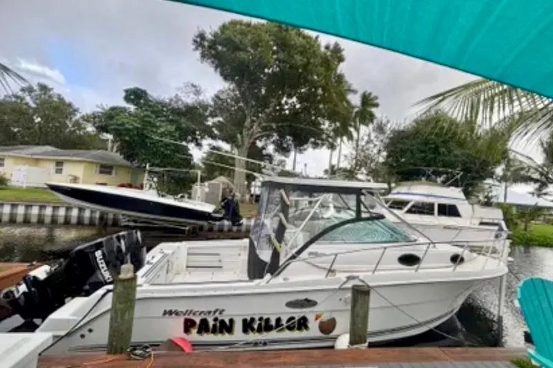 Slide: The Image of 2002 Wellcraft 290 Coastal boat named "Pain Killer" docked by a canal. - 14