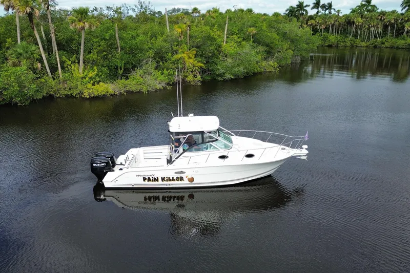 Slide: The Image of 2002 Wellcraft 290 Coastal boat cruising on a calm river surrounded by lush greenery. - 2