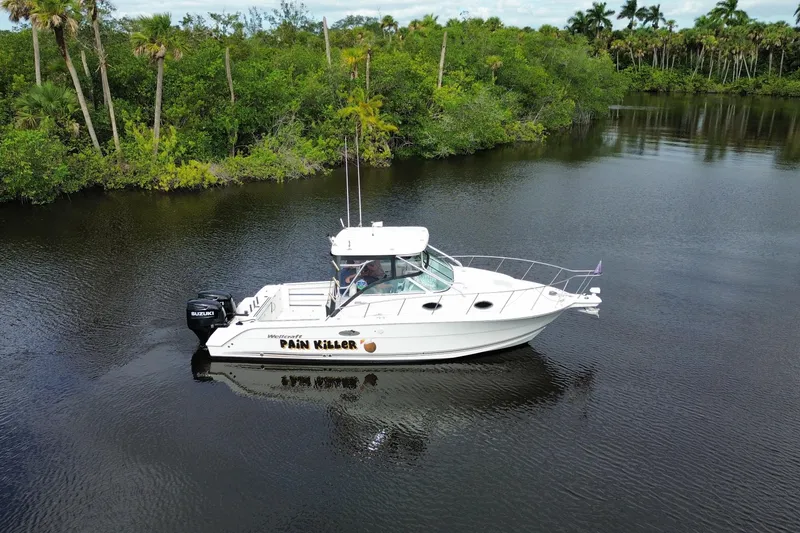 Slide: The Image of 2002 Wellcraft 290 Coastal boat on calm water, surrounded by lush greenery. - 6