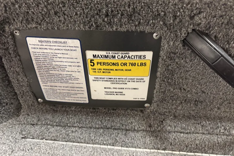 Slide: The Image of 2016 Tracker Pro Guide V-175 Combo capacity plate, 5 persons or 760 lbs limit. - 16