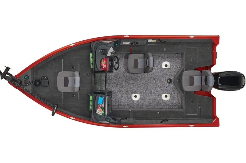 Slide: The Image of Manufacturer Provided Image: 2026 Tracker Pro Guide V-16 WT fishing boat, top view, red exterior, spacious seating. - 29