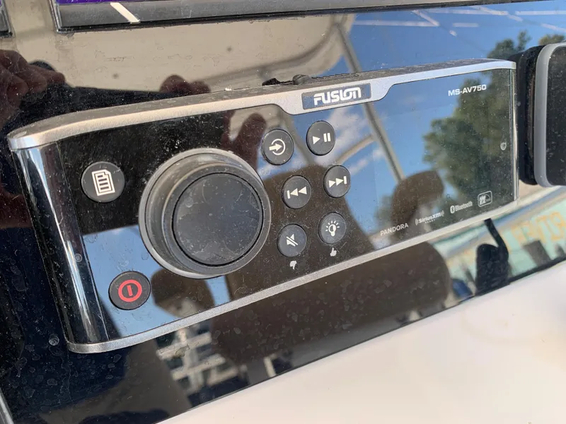 Slide: The Image of Fusion MS-AV750 marine stereo system on a 2000 Viking 50 Convertible yacht. - 49