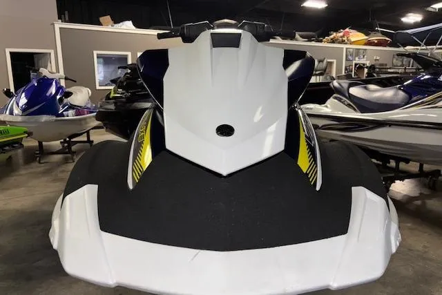 Slide: The Image of 2017 Yamaha WaveRunner VX Deluxe jet ski in showroom, front view. - 2