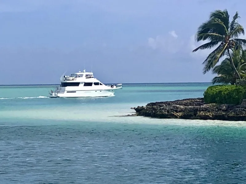 Slide: The Image of 1988 Viking 63 Cockpit Motor Yacht cruising near tropical island with palm trees. - 12
