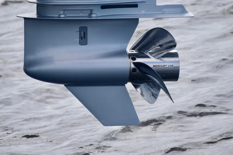 Slide: The Image of Close-up of a Mercury 23R propeller on a 2025 Monterey 275SS Super Sport boat. - 25