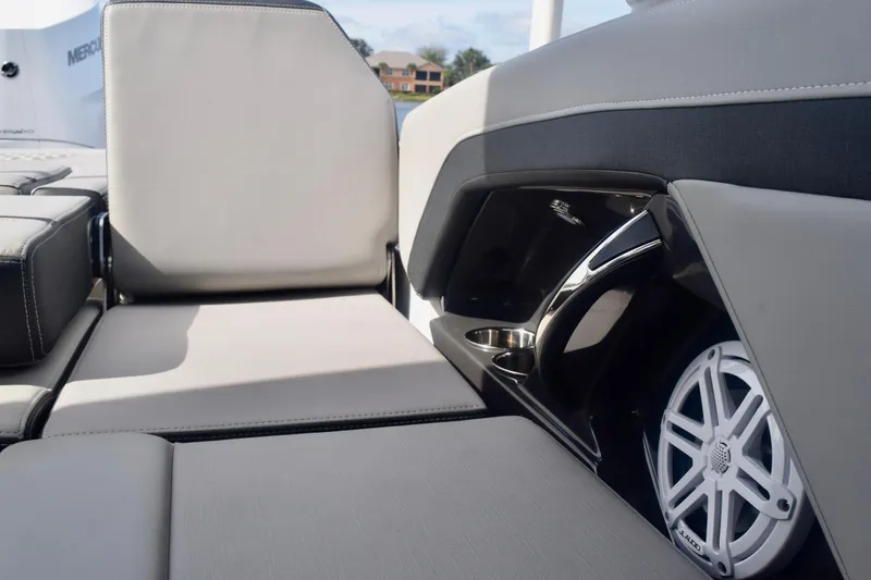 Slide: The Image of 2025 Monterey 275SS Super Sport boat interior with sleek seating and speaker system. - 46