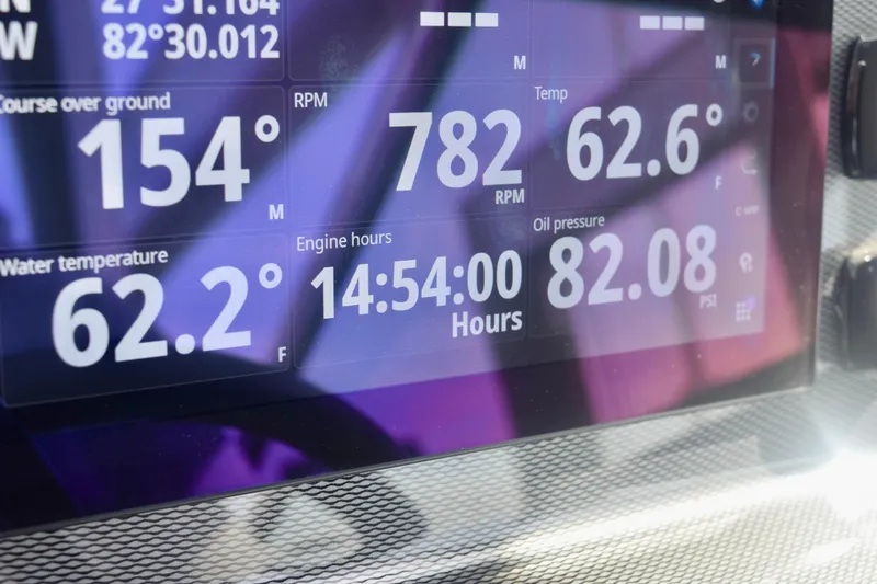 Slide: The Image of Dashboard display of 2025 Monterey 275SS Super Sport showing engine metrics and coordinates. - 76
