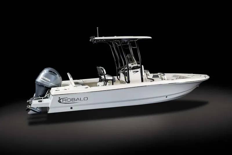 Slide: The Image of Manufacturer Provided Image: 2023 Robalo 226 Cayman boat with Yamaha outboard motor on black background. - 56