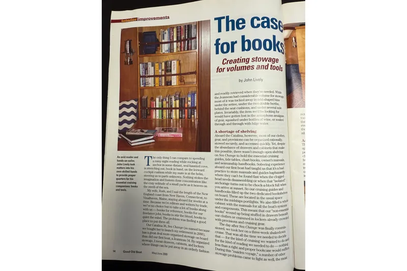 Slide: The Image of Page from a magazine featuring an article on book storage in a Catalina 36 MkII sailboat. - 5