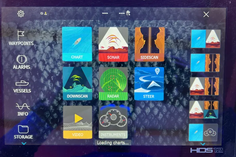 Slide: The Image of Touchscreen display on 1987 Carver 4227 Cockpit Motor Yacht showing navigation and sonar options. - 92