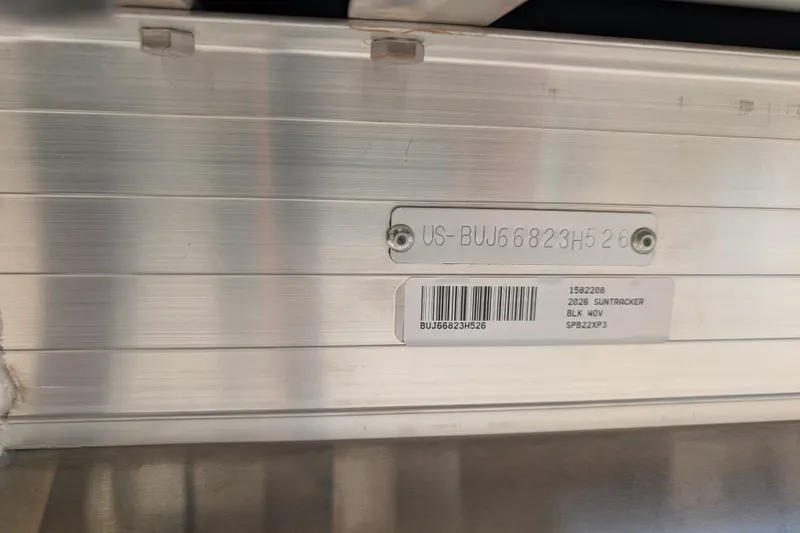 Slide: The Image of 2026 Sun Tracker Party Barge 22 XP3 identification plate with serial number and barcode. - 12
