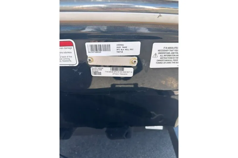 Slide: The Image of 2025 Tahoe T16 boat hull with identification labels and warnings. - 20