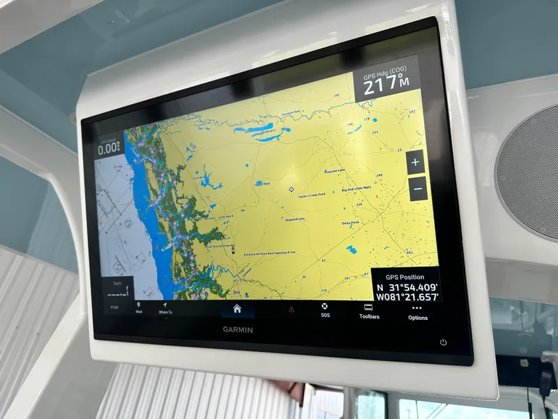 Slide: The Image of Garmin navigation display on 2025 HCB Lujo boat, showing detailed coastal map. - 47