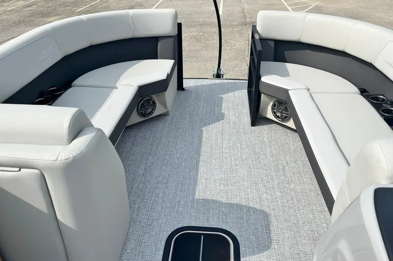 Slide: The Image of 2025 Harris Cruiser 230 interior with sleek seating and modern design. - 38